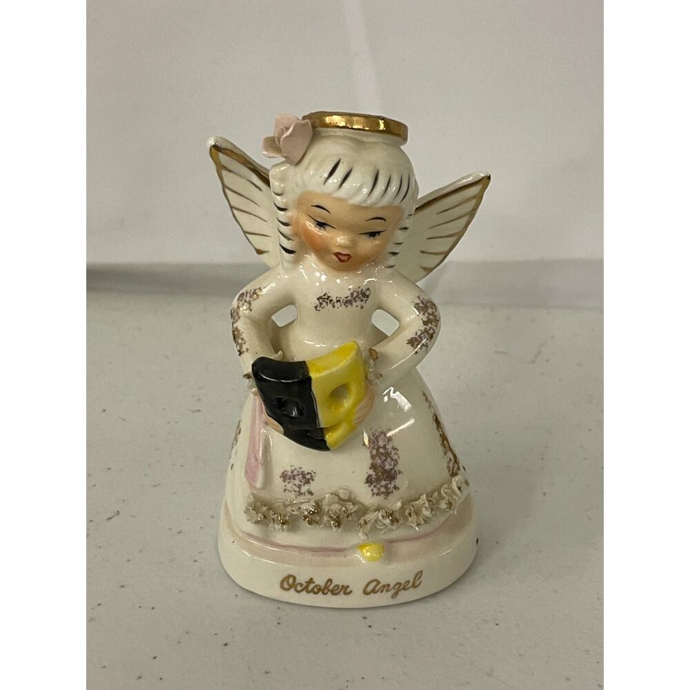VTG Napco October Angel Figurine Porcelain Mask Spagetti Trim Gold Accents C1370